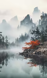 a body of water surrounded by trees and mountains