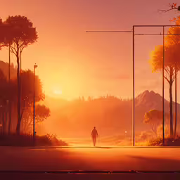 a person is standing alone in a park at sunset,a person walks on the street at sunset