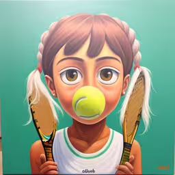 the digital painting shows an image of a kid holding tennis rackets and a ball,a picture of a kid holding tennis rackets