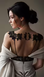 a woman wearing a dress with a black lace shoulder