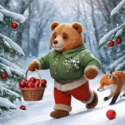 there is a christmas teddy bear holding a basket with balls