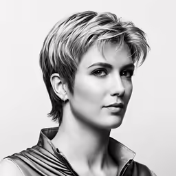 a woman with blonde hair and short pixies wearing a black leather jacket