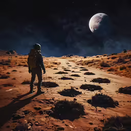 the lone man is walking on the desert near the moon