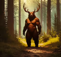 a brown bear walking in the woods by himself,a bear with huge horns standing in the middle of a forest