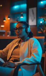a person sitting down and wearing headphones