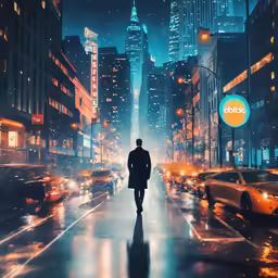 a man walking down the street with buildings in the background