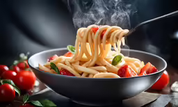 spaghetti with tomato sauce is being lifted from a bowl