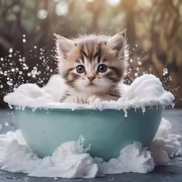 a little kitten sitting in a blue bowl