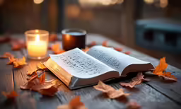 an open book laying on top of a wooden table next to a candle