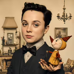 a girl is dressed as an old fashioned scarecrow and holding a doll
