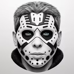 the face of a young man wearing a star wars mask
