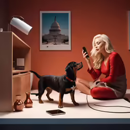 a woman poses next to a dog with her camera