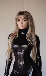 a lady in black latex posing with her hands on her hips