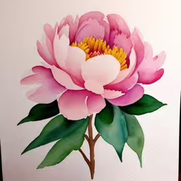 a close - up view of a flower on a card with watercolor effect,a pink flower with leaves is on the white surface