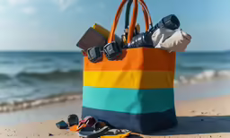 a bag with multiple items sits on the sand of a beach