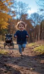 a young girl running on dirt next to an old horse drawn carriage
