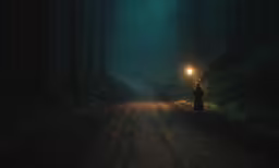 a light shines on an empty forest road