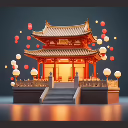 a lit up pagoda with lanterns on top