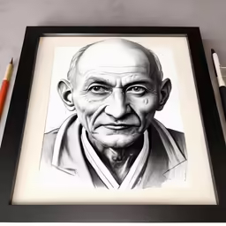 a pencil drawing of an older man in a frame