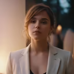 the woman in the white jacket is staring at something