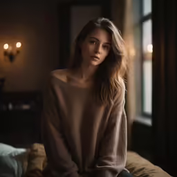 a woman is posing in her bed and looking off into the distance