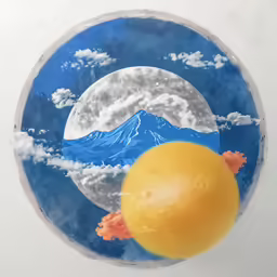 a painted picture of a cloudy sky and mountain