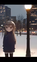 a girl standing next to a light on a snowy sidewalk