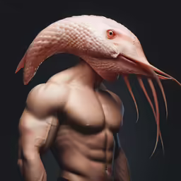 a man with a pink squid on his head and arm