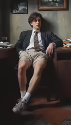 a man in shorts and a tie wearing a suit