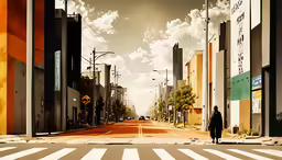 man walking down the middle of the street looking toward a cloudless sky