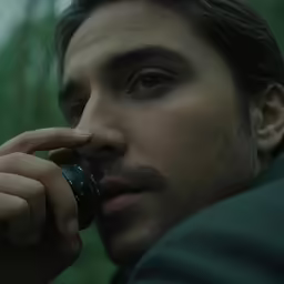 a man with a watch and earphones on is leaning against a car