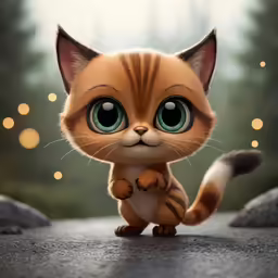 a cute little kitten with big eyes sitting on top of rocks