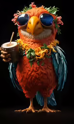 a bird with sunglasses and flowers around his head