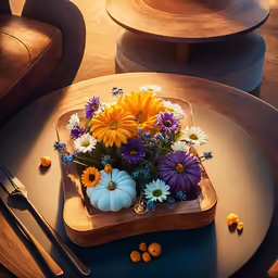 a plate topped with colorful flowers and pumpkins