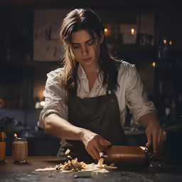 a woman making food with a wooden table