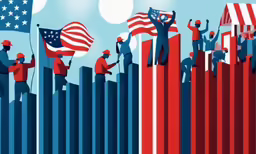 many people with american flags and standing on bars