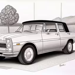 a drawing of a classic car on a paved area,a white car sitting next to a car in the middle of a parking lot