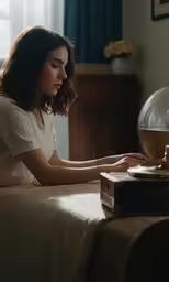 woman typing on computer in bed at night time