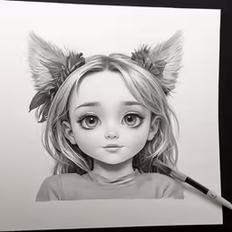 a little girl with large eyes and two wings on her head