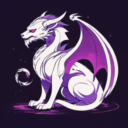 a drawing of a dragon sitting on the ground,a purple and white dragon with two eyes sitting on top of a ball