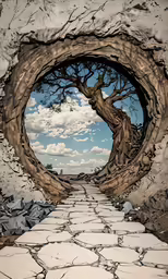 a picture of an old tree in a broken road