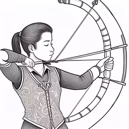 a woman archer holding her bow while aiming the arrow at the target,a woman holding an arrow while standing in front of a target,a girl with a bow is aiming in a drawing,the chinese woman holding an arrow over her shoulder,a black and white drawing of a person with a bow