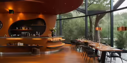 a restaurant with several tables and stools around them
