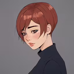 the anime character, which has red hair,a woman with red hair is staring straight ahead