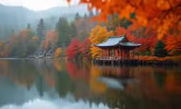 the autumn foliage is changing color along the water