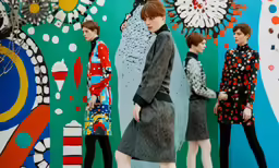 the model is standing in front of an art display