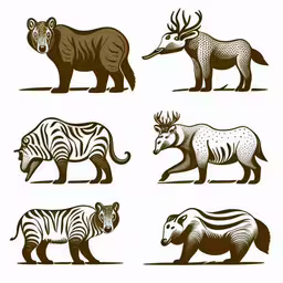 four different kinds of animals on a white background,wild animals from the side to the front and back,the different types of wild animals,four different wild animals that are walking in the dirt,an image of animals in brown on white