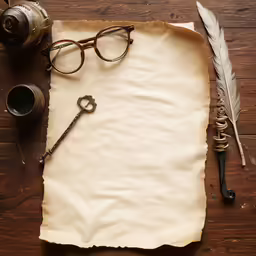 the old paper is laying next to a small quill and a pair of glasses