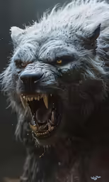 a grey wolf snarls through the rain