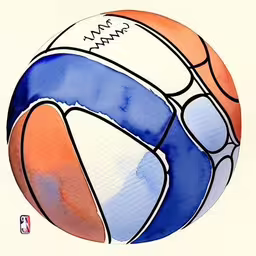 a picture of a watercolor painting of a ball,there is a colorful, artistic watercolor style of a volleyball,a watercolor drawing of a basketball ball,a watercolor painting of a blue, orange and white volleyball ball,a colorful ball painted with watercolor on a white surface
